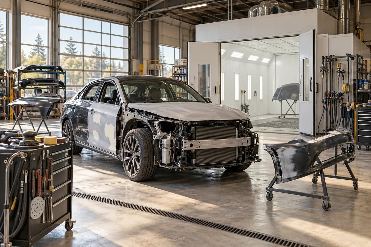 Illustration of an auto body workshop with a vehicle and collision repair equipment