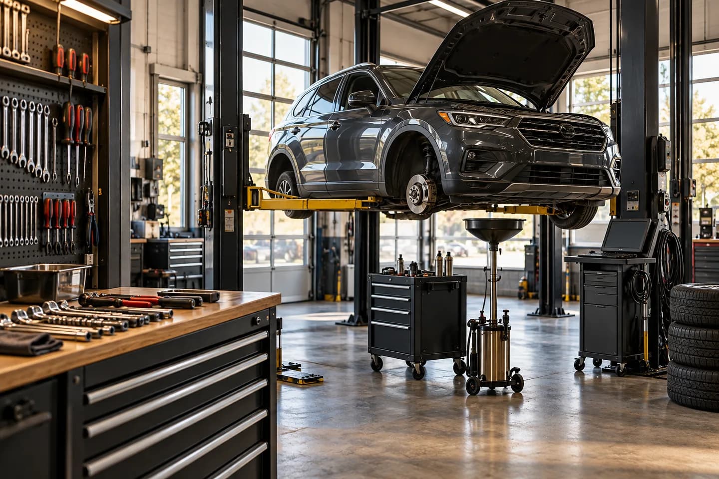 Illustration of an auto repair garage with a vehicle lift and workshop tools