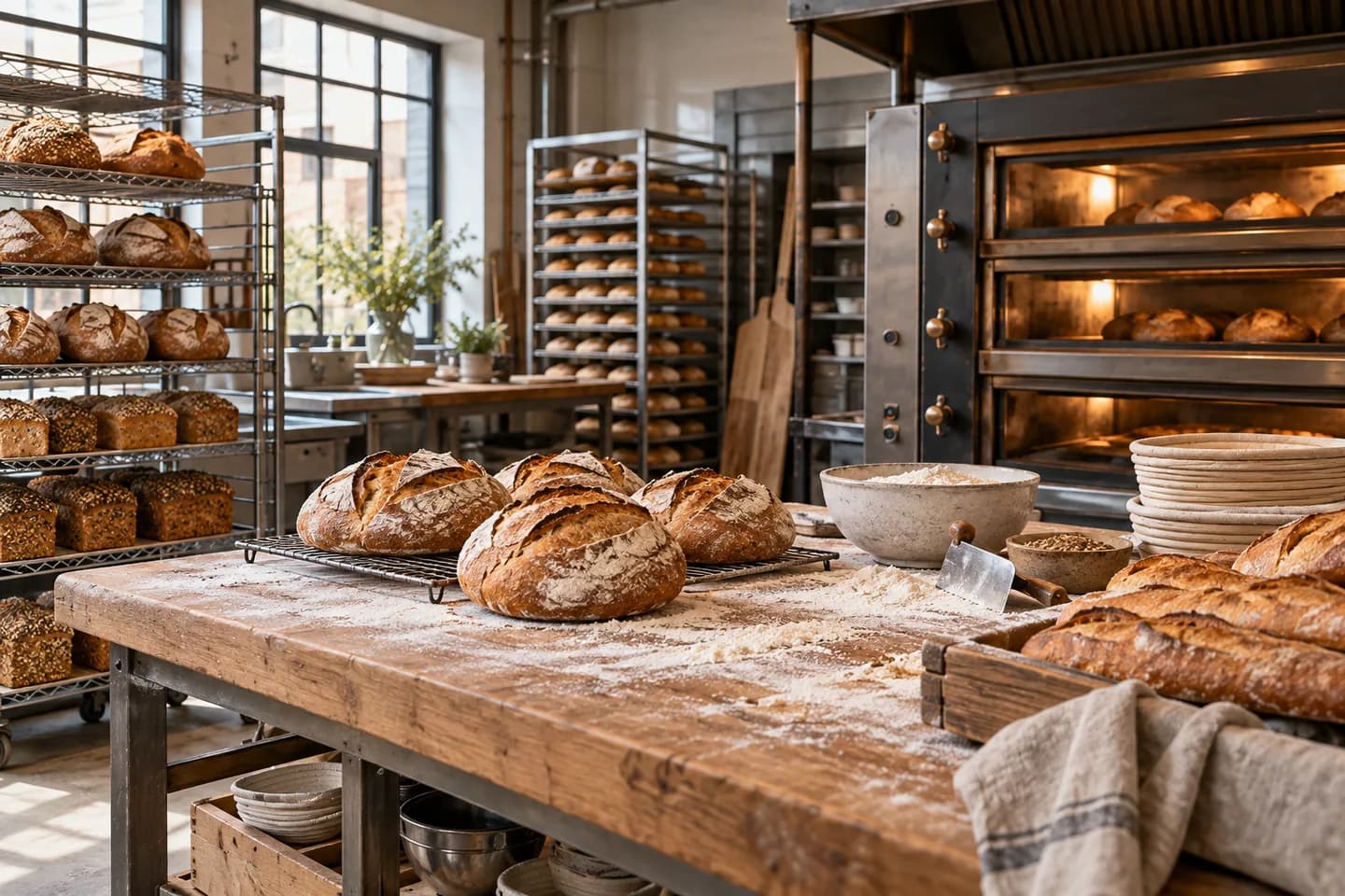 Illustration of a commercial bakery with bread racks, ovens and a workbench