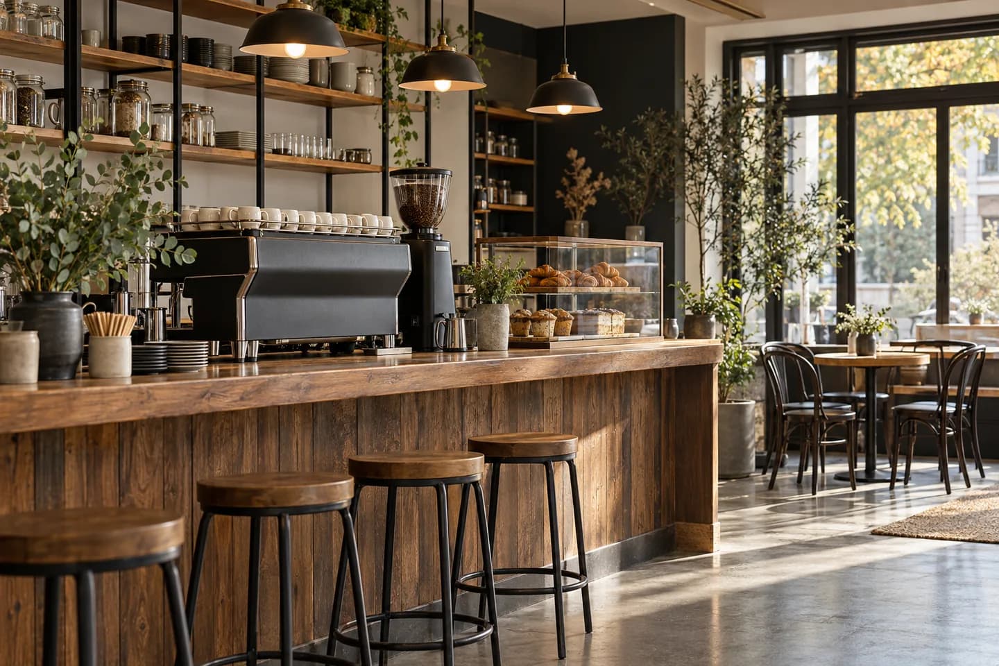 Illustration of a cafe with an espresso machine, counter and seating