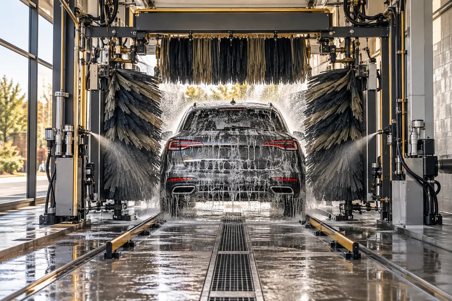 Illustration of an automatic car wash bay with brushes and drainage