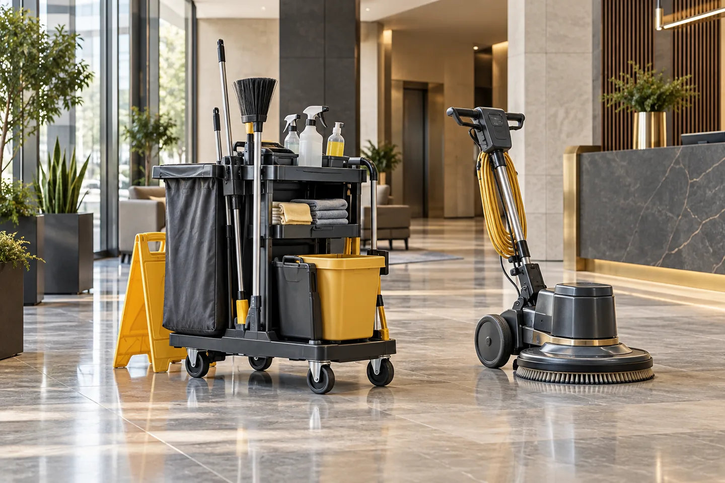 Illustration of commercial cleaning equipment in an office building