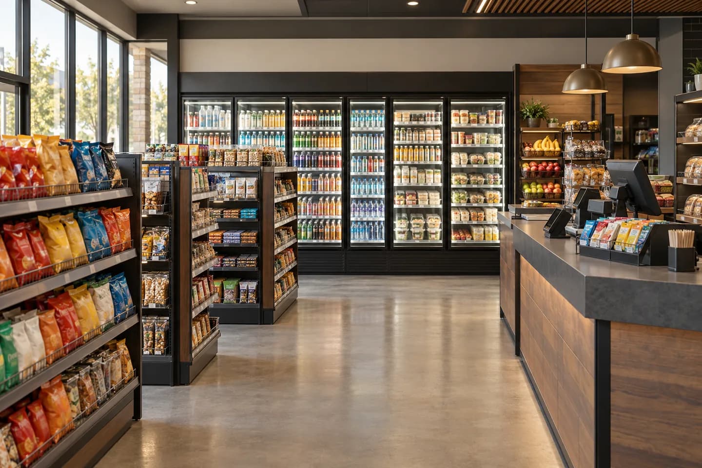 Illustration of a convenience store with stocked shelves and checkout