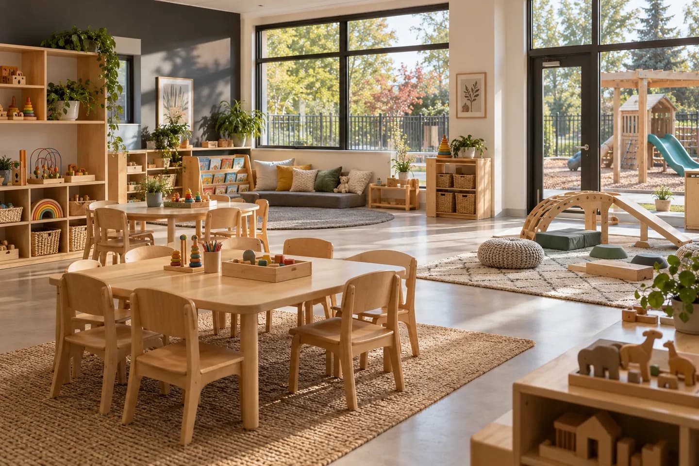 Illustration of a daycare classroom with play materials and child-size furniture