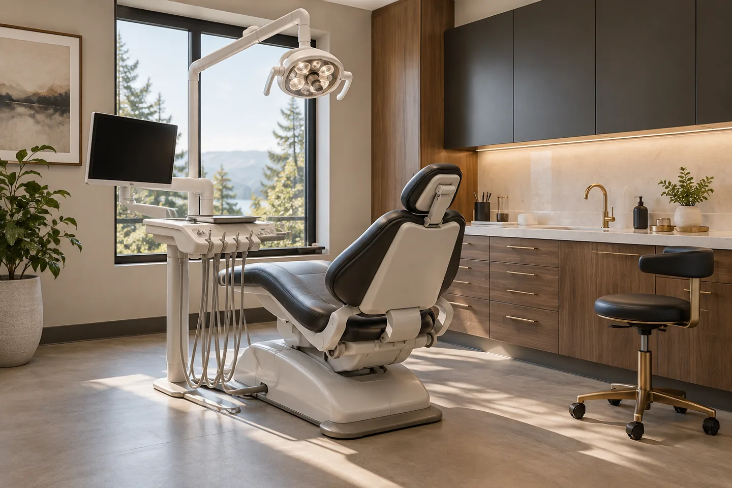 Illustration of a dental treatment room with a chair, examination light and cabinetry