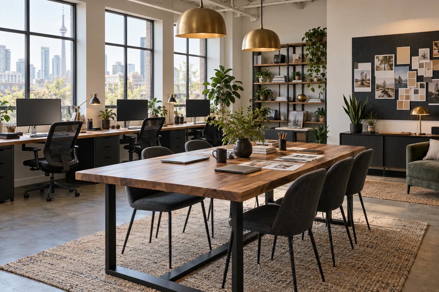 Illustration of a digital marketing studio with workstations and a collaborative table