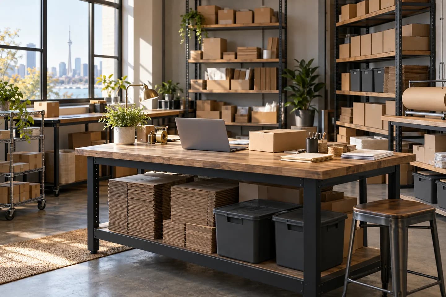 Illustration of an ecommerce fulfilment workspace with parcels and inventory