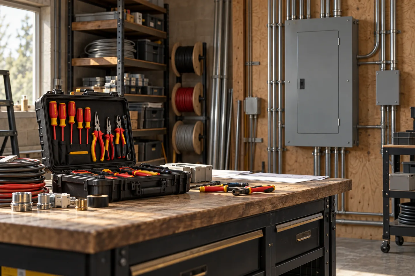 Illustration of an electrical contractor workspace with tools and a distribution panel