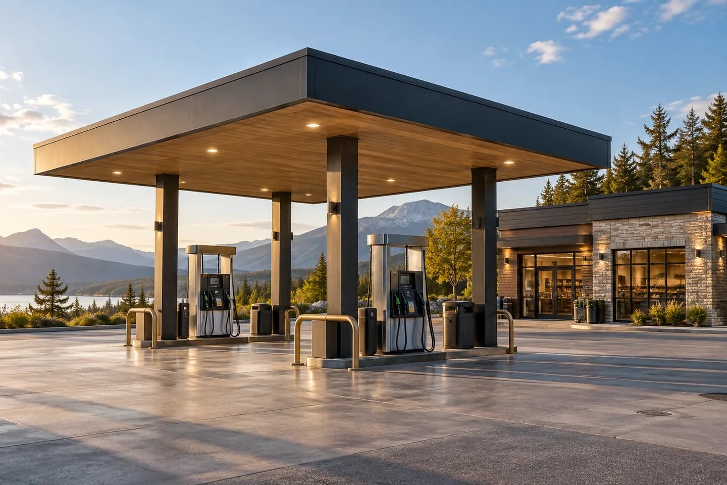 Illustration of an unbranded gas station forecourt with pumps and canopy