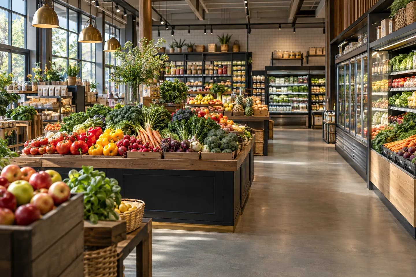 Illustration of an independent grocery store with produce displays and refrigerated cabinets