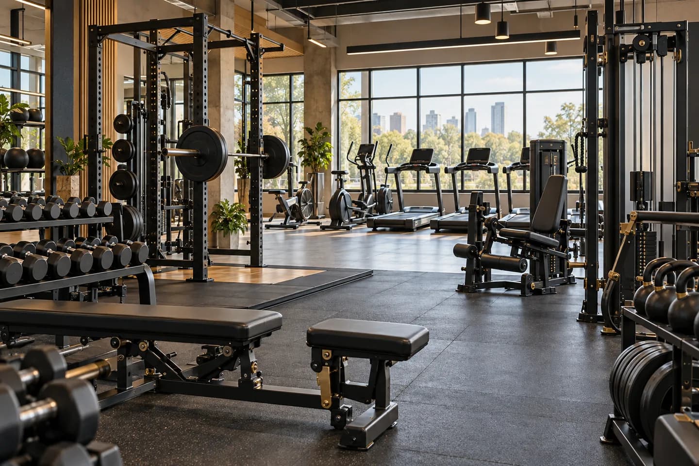 Illustration of a commercial gym with strength equipment, free weights and cardio machines