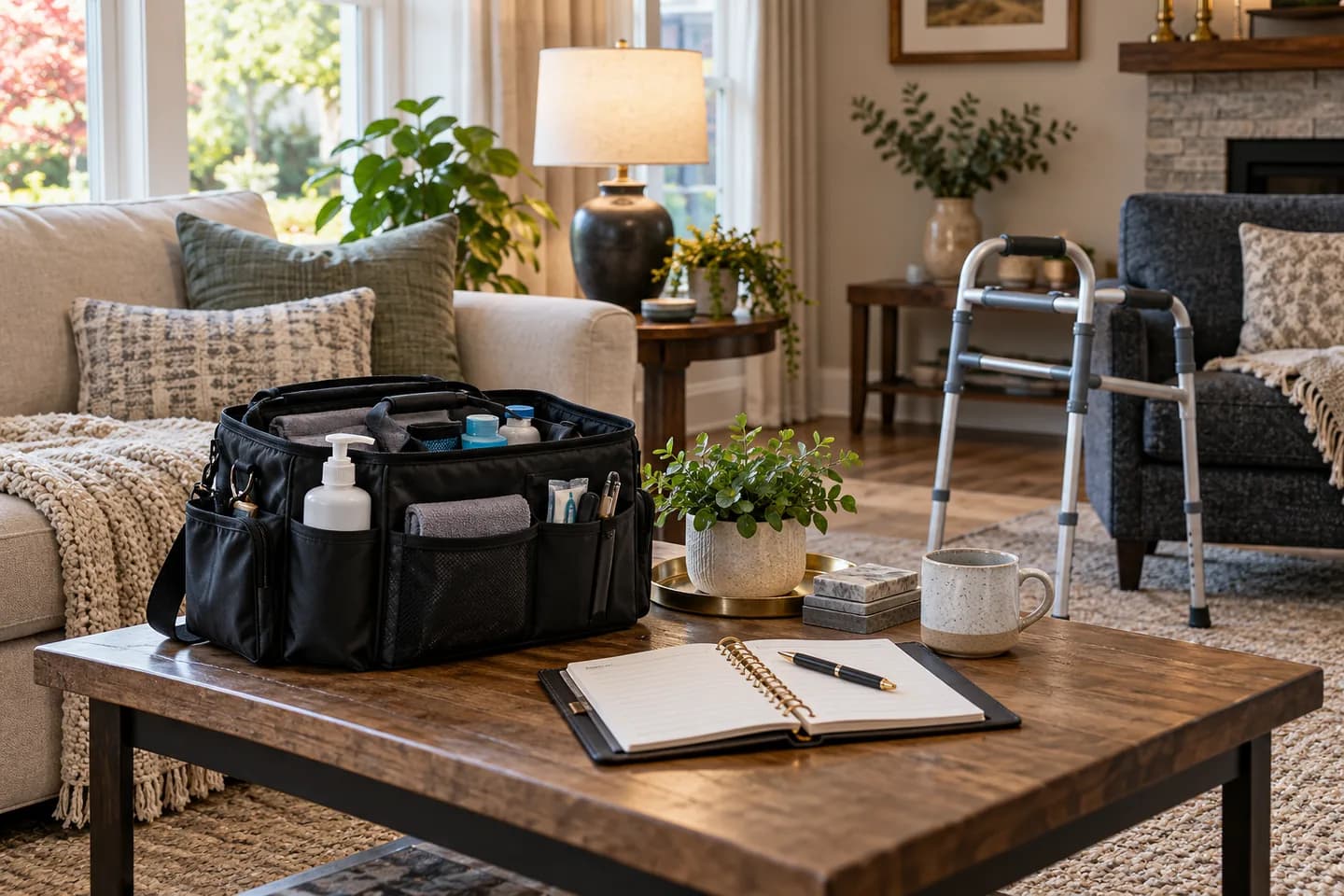 Illustration of a home-care setting with a care bag and mobility aid