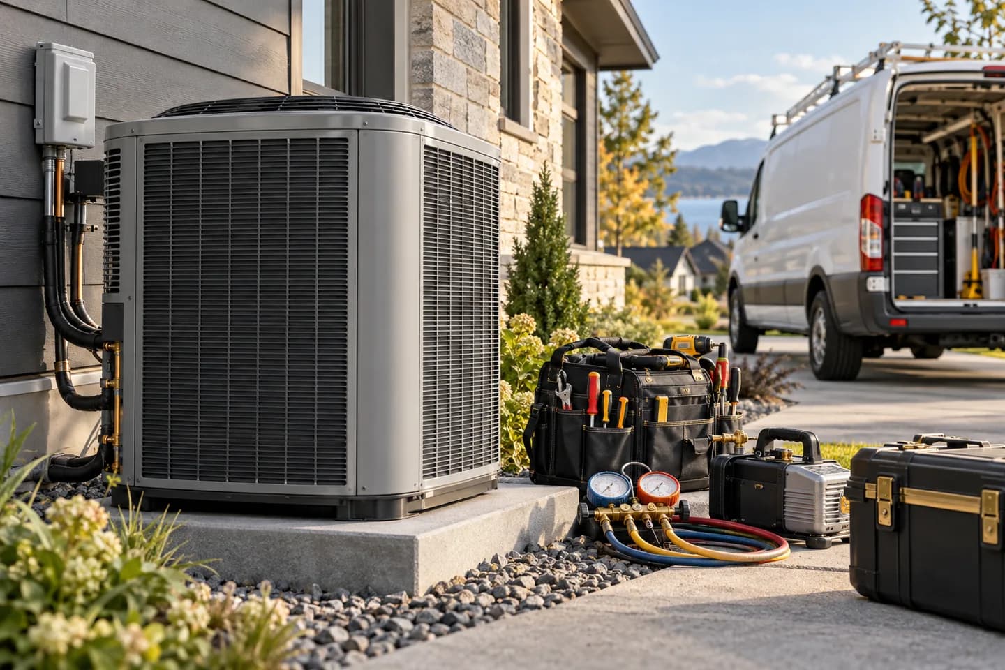Illustration of HVAC equipment and a contractor service workspace