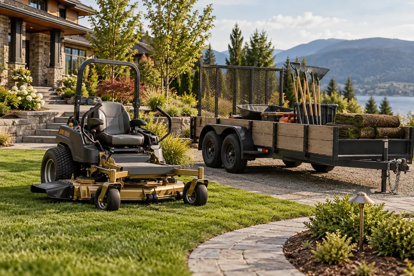 Illustration of landscaping equipment, a utility trailer and maintained grounds