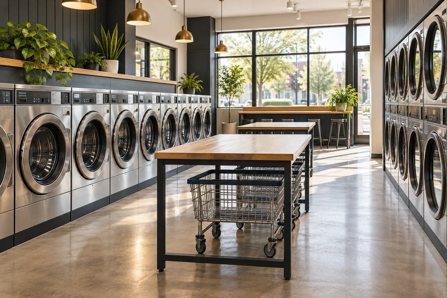 Illustration of a laundromat with commercial washing machines and folding tables