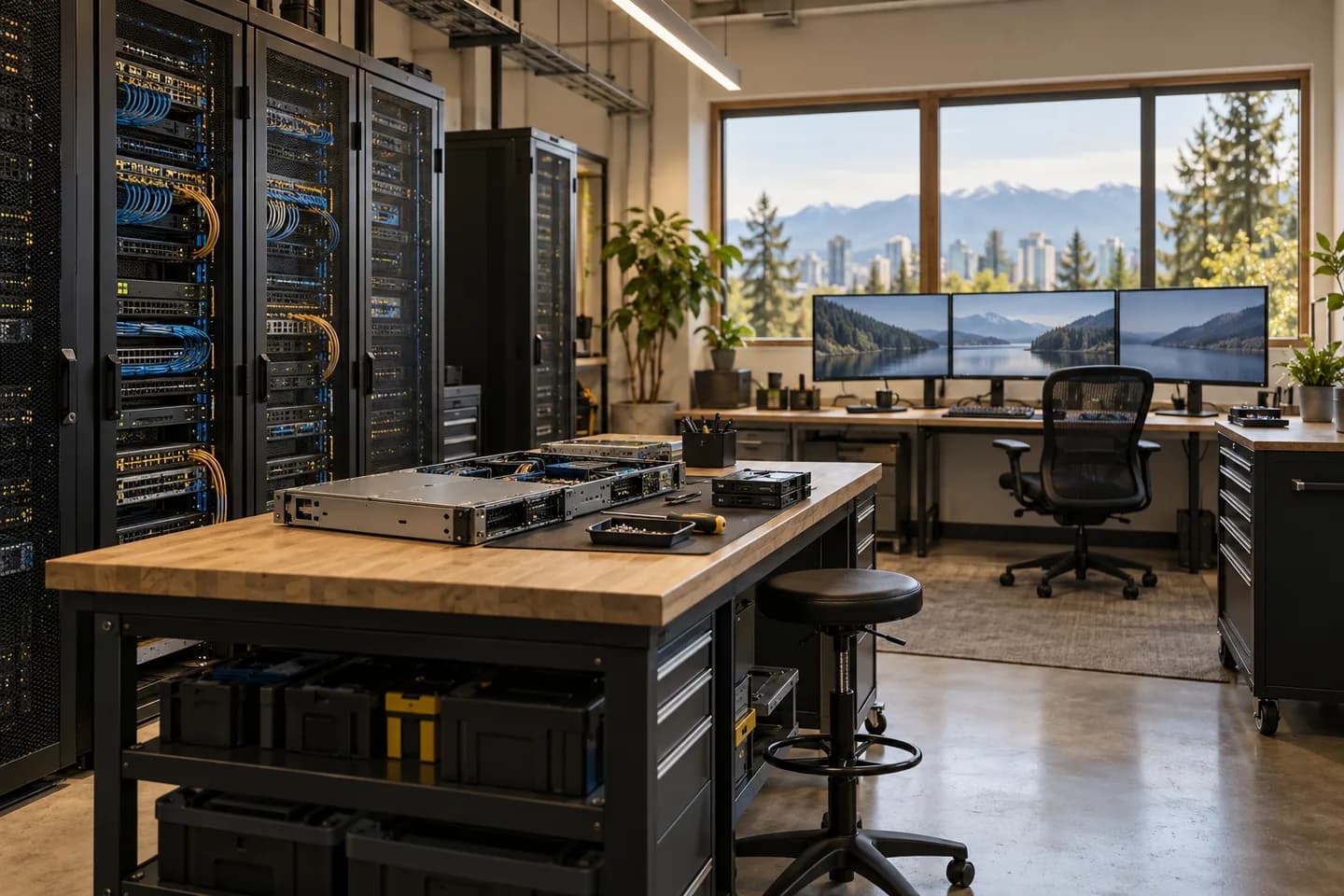 Illustration of a managed IT workspace with server racks and a technical workbench