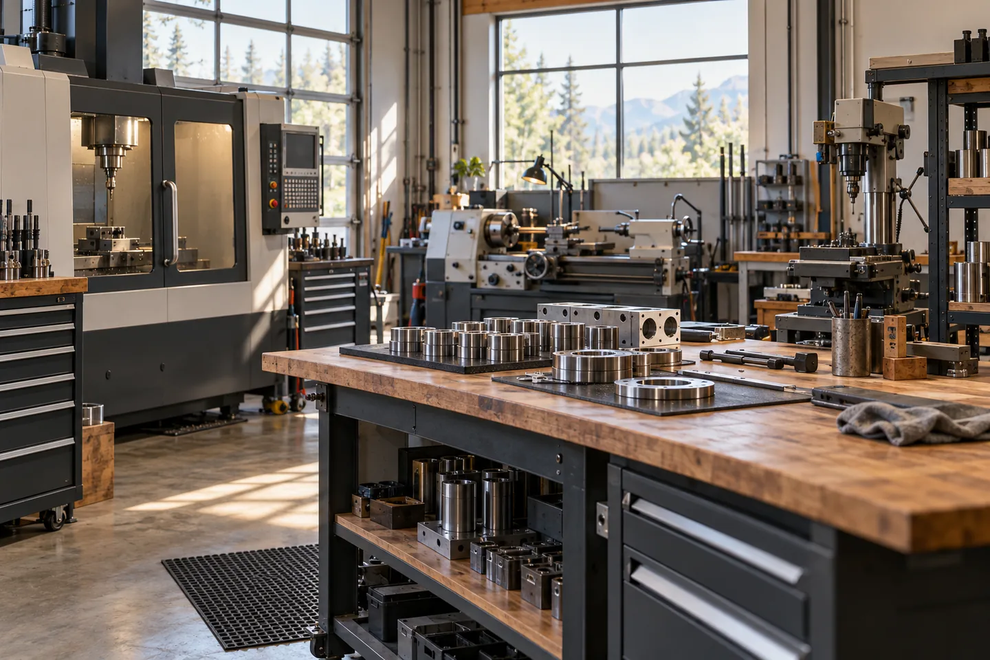 Illustration of a manufacturing workshop with machine tools and production components