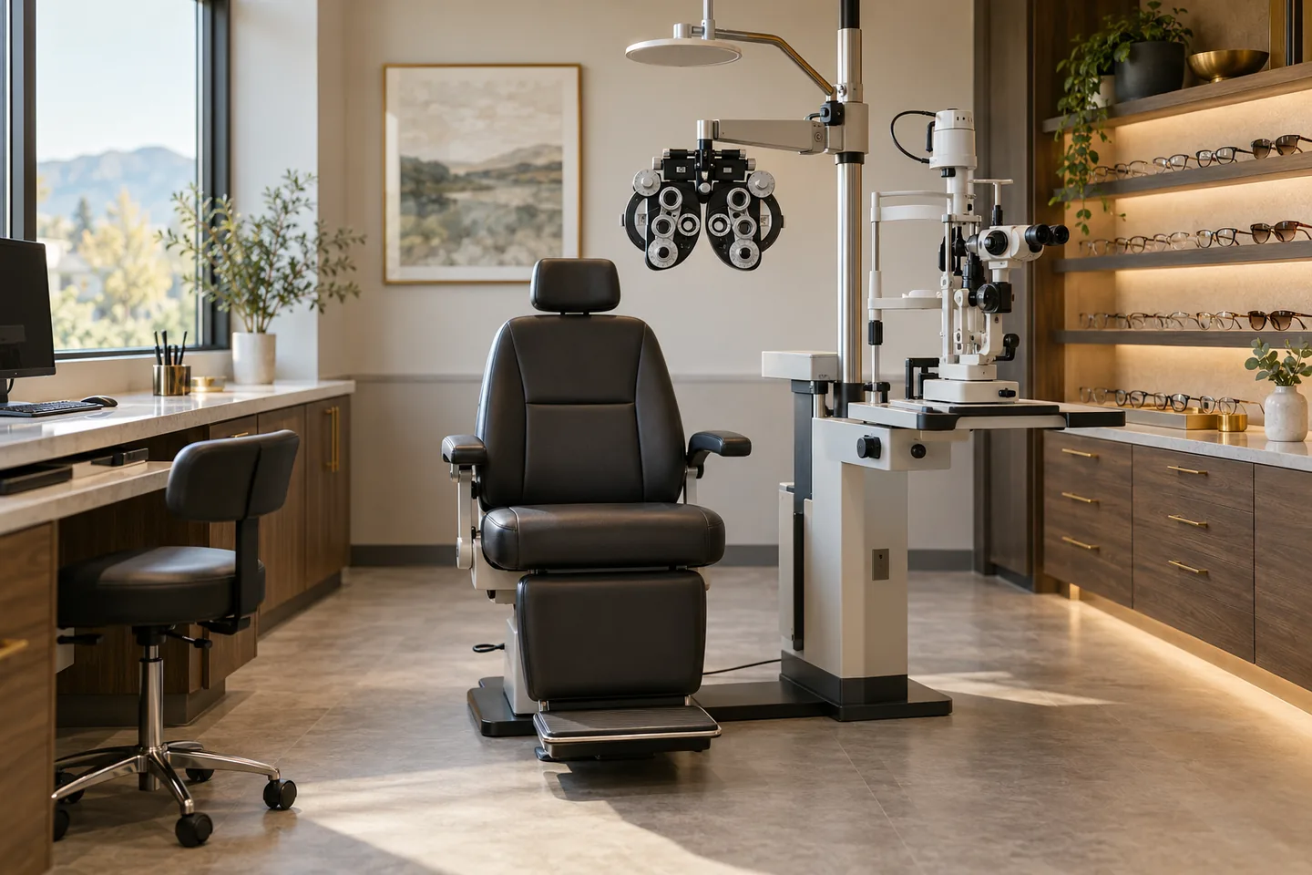 Illustration of an optometry practice with eye examination equipment and an eyewear display