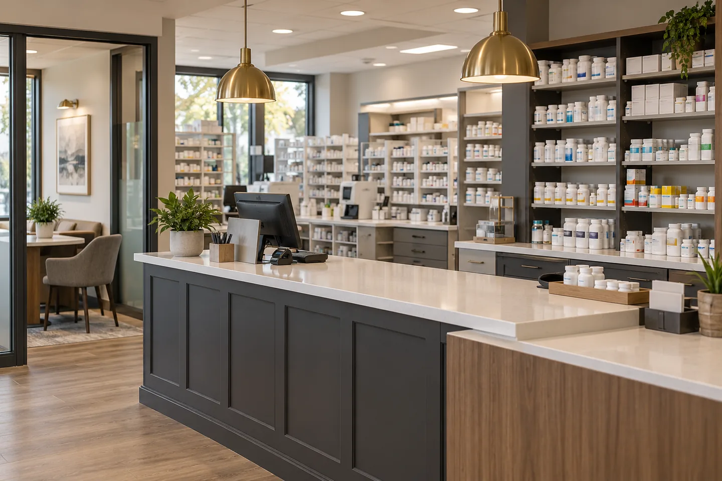 Illustration of a community pharmacy with a dispensing counter and organized storage