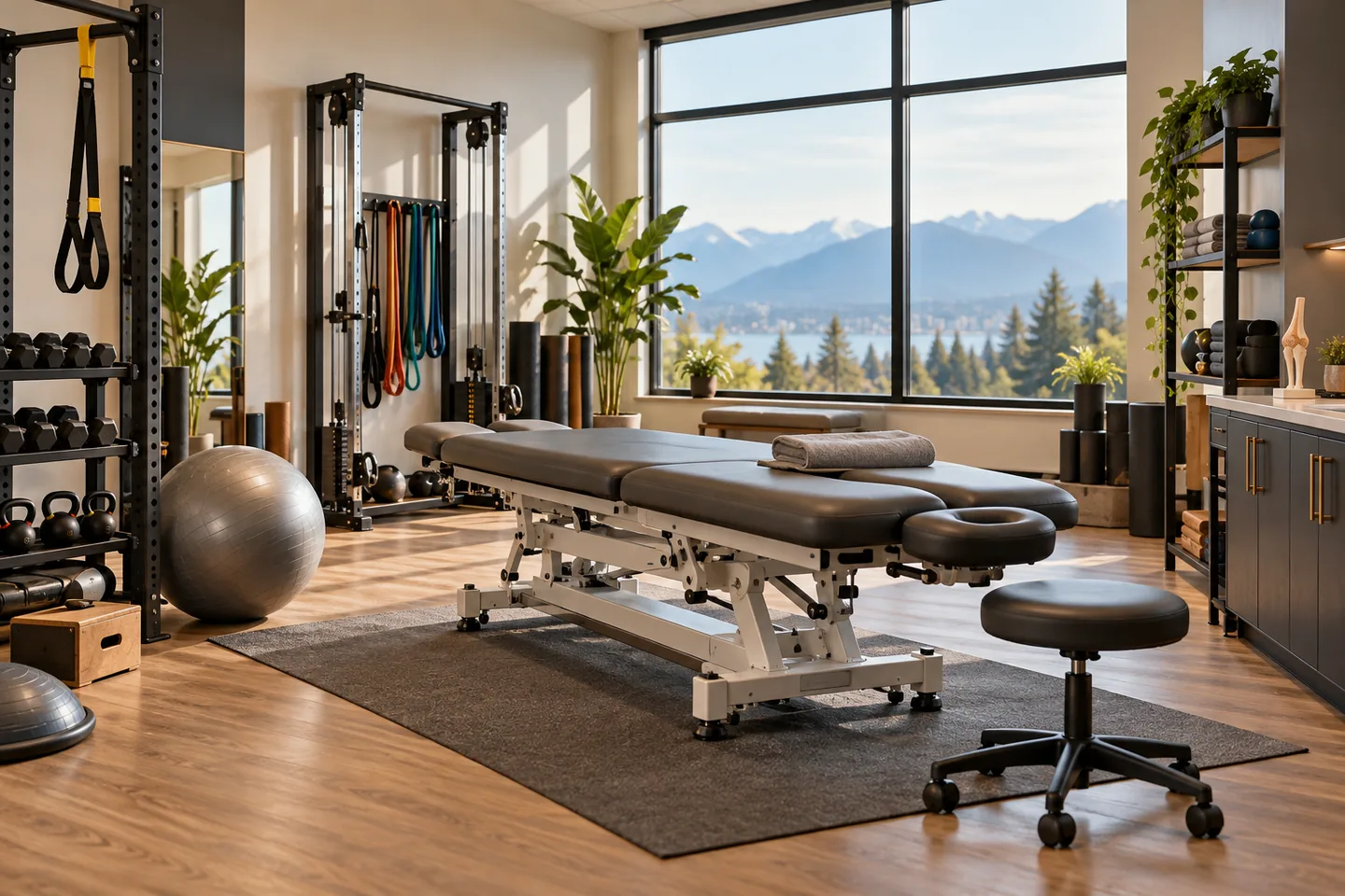 Illustration of a physiotherapy clinic with a treatment table and rehabilitation equipment