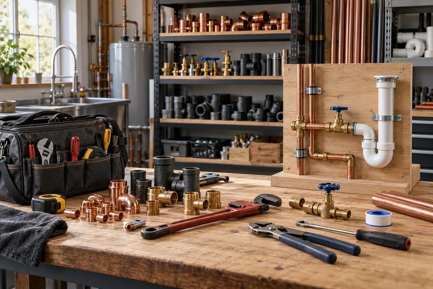 Illustration of a plumbing contractor workspace with tools and pipe fittings