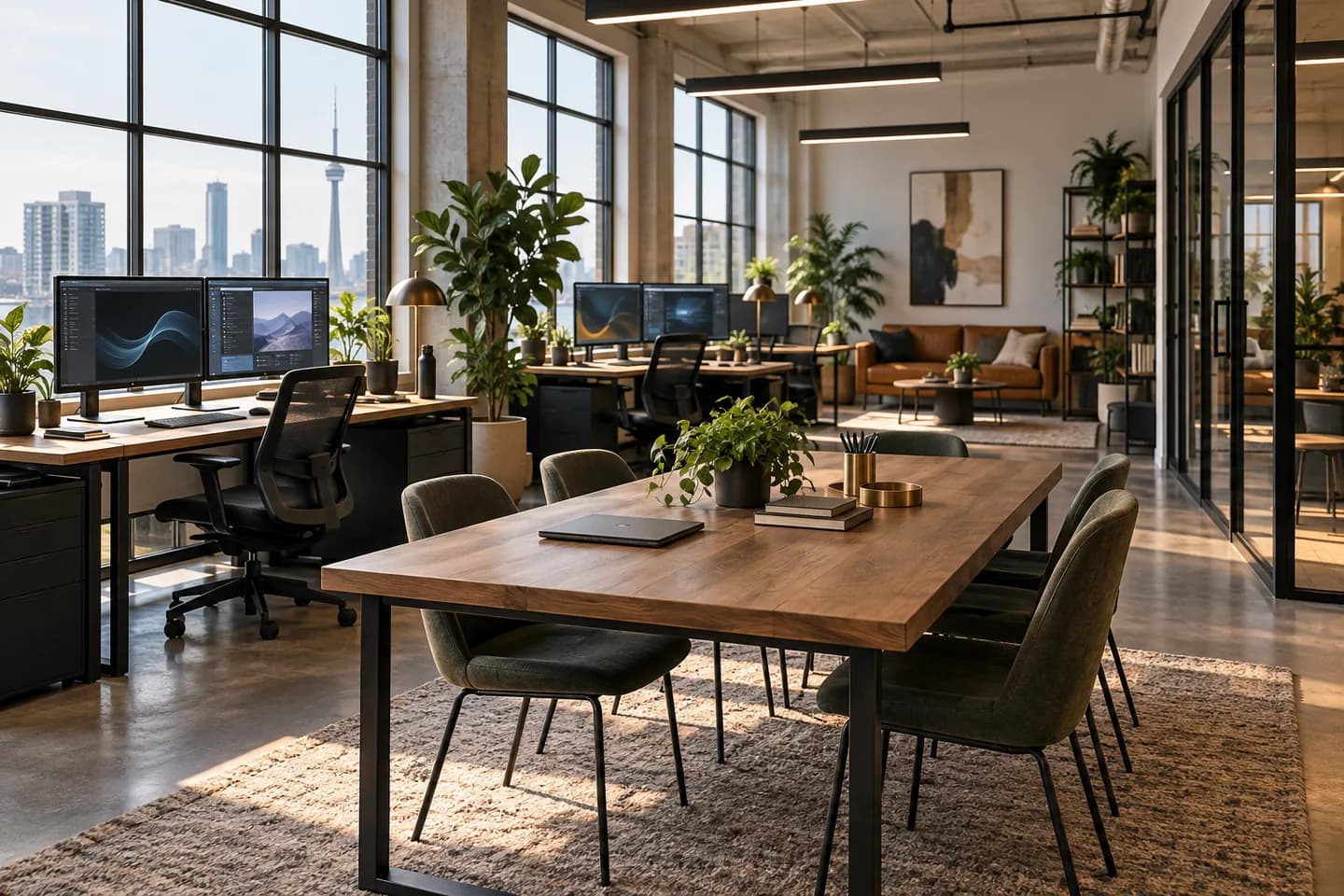 Illustration of a software business workspace with development workstations