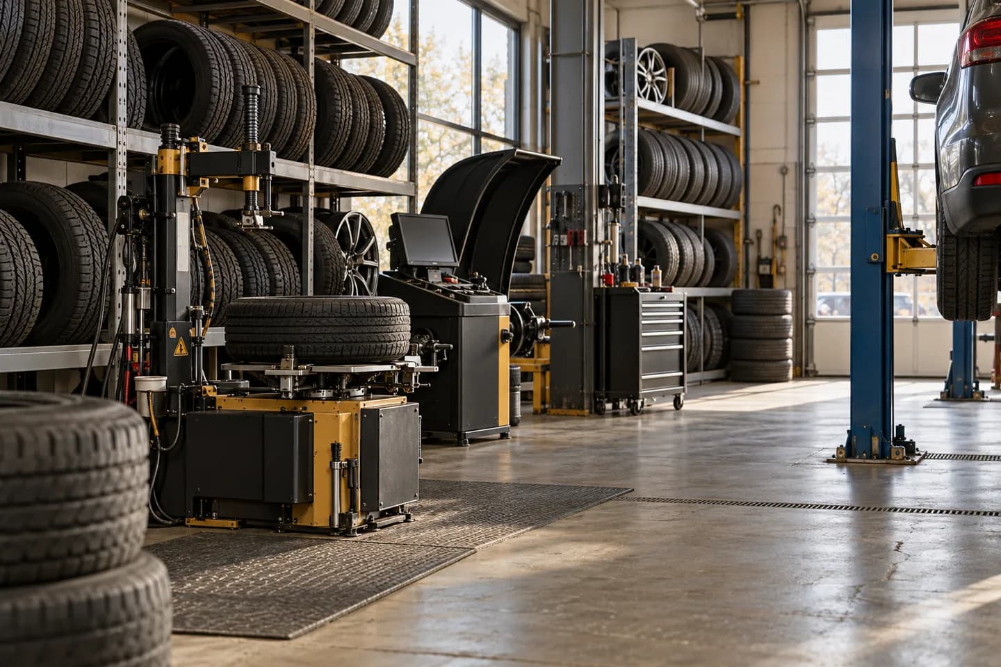 Illustration of a tire shop with storage racks and tire-changing equipment