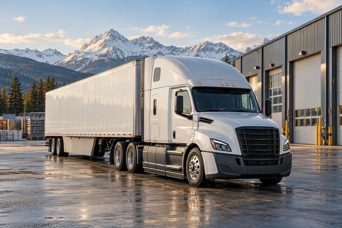 Illustration of a freight truck and trailer at a transport depot
