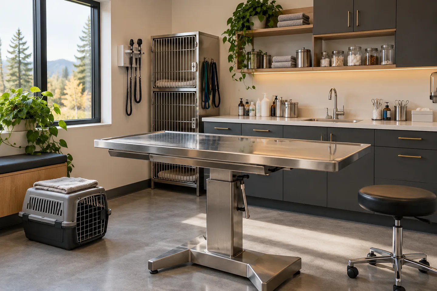 Illustration of a veterinary examination room with clinical equipment and a pet carrier
